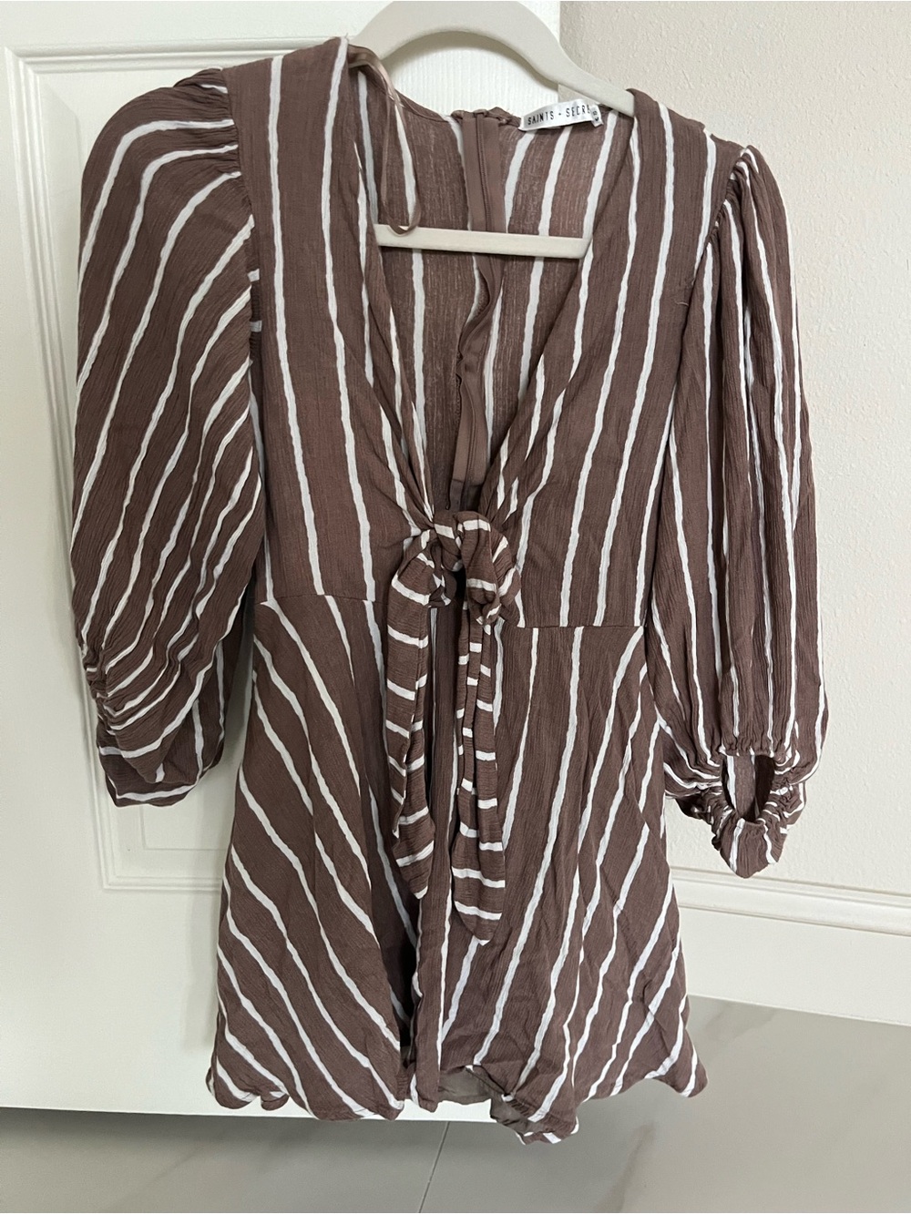 Taupe Striped Tie-Front Mini Dress - Picture 10 of 10